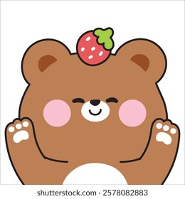 Cute smile face teddy bear have strawberry fruit on head.Wild animal character cartoon.Image for card,sticker,baby clothing,print screen.Kawaii.Vector.Illustration.