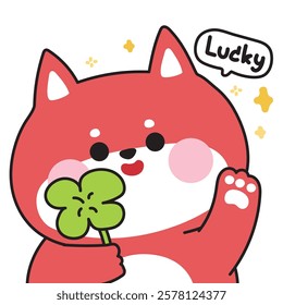 Cute smile fox greeting with clover leaf.Lucky text.Wild animal character cartoon.Image for card,sticker,baby clothing,print screen.Kawaii.Vector.Illustration.