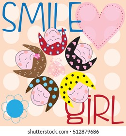 cute smile girl heads with hearts and flowers vector illustration