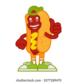 Cute smile happy cartoon character American hot-dog which stand and show thumb up like it. Dressed up in cap and fashionable sneakers. Modern vector illustration mascot logo for kids flat design 