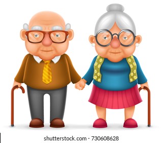 Cute Smile Happy Elderly Couple Old Man Love Woman Grandfather Grandmother 3d Realistic Cartoon Family Character Design Isolated Vector Illustration