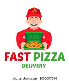 Cute smile happy young delivery pizza boy which keep open box with hot and appetizing big pizza Vector modern style illustration cartoon character isolated white background pizza time delivery concept