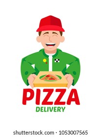Cute smile happy young pizza delivery boy which keep closed box with hot and appetizing big pizza Vector modern style illustration cartoon character isolated white background pizza delivery concept