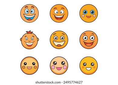 Cute Smile Icon Vector Art Illustration Bundle Set on White Background.