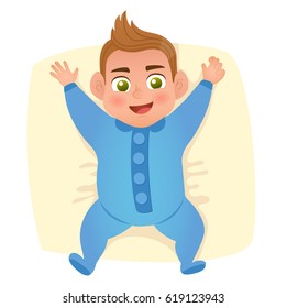 Cute smile little baby boy in blue pajama. Happy child. Vector illustration.