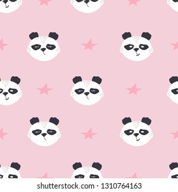 Cute smile panda face with star seamless pattern. Chinese bear symbol on pink background. Animal head silhouette wrapping paper design. Girl baby graphic fabric textile print in pastel color.