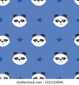 Cute smile panda face with star seamless pattern. Chinese bear symbol on blue background. Animal head silhouette wrapping paper design. Boy baby graphic fabric textile print