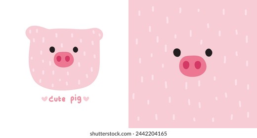 Cute smile pig face soft hair hand drawn.Farm head animal character cartoon design.Kid graphic.Image for card,poster,print screen,baby clothing,T-shirt,sticker.Kawaii.Vector.Illustration.