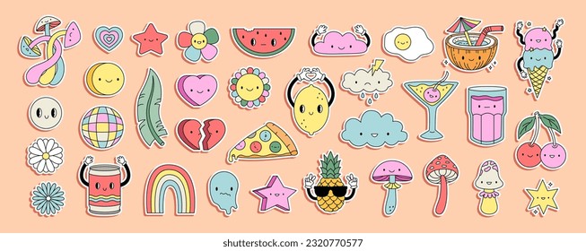 Cute Smile Stickers. Comic happy mushroom, cocktails, ice cream characters in trendy retro Y2K style