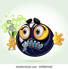 Cute smile in a suit with buttoned zipper mouth and smoking drink - is perplexed as to drink