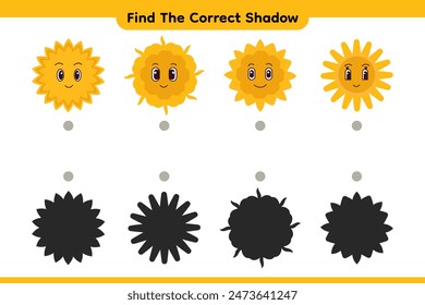 Cute smile sun. Find the correct shadow. Educational game for children. Vector cartoon.