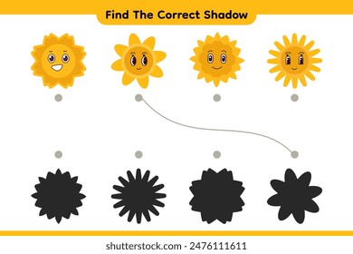 Süße Lächeln Sonne. Finde den richtigen Schatten. Lernspiel für Kinder. Vektorgrafik Cartoon.