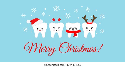 Cute smile teeth with xmas accessories on Merry Christmas dentist greeting card.  White winter teeth emoji in santa hat with deer horns photo props. Flat design cartoon style vector illustration. 