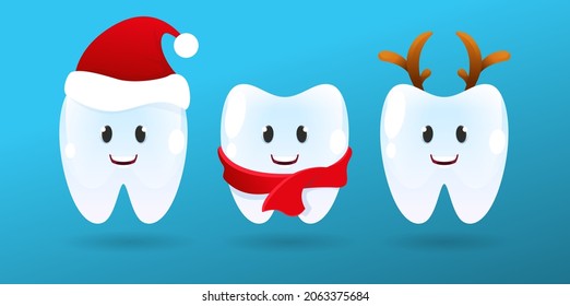 Cute Smile Teeth With Xmas Accessories. Merry Christmas Tooth With Santa Hat. White Winter Teeth Emoji With Deer Horns Photo Props.Vector