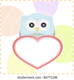 cute smile textile owls in love with a big Vector heart pattern