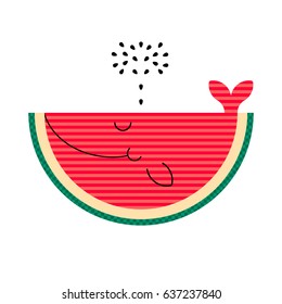 Cute smile watermelon whale with seeds fountain isolated on white background. Flat minimalistic vector illustration with simple geometric shapes & stripes pattern texture