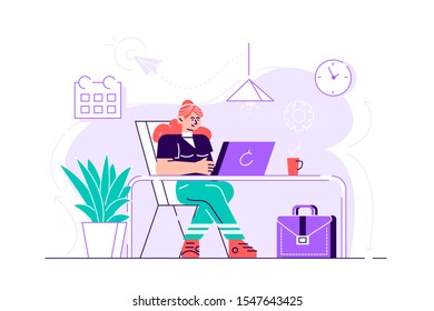 Cute smile woman is working at his laptop. Modern office interior with work process icons on the background. Vector illustration. Flat style modern design vector illustration for web page, cards