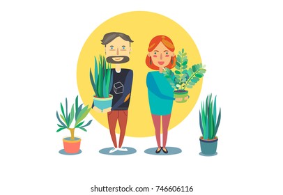 Cute smiled women and man taking a pots with plants. Space with yellow circle full of plants. 