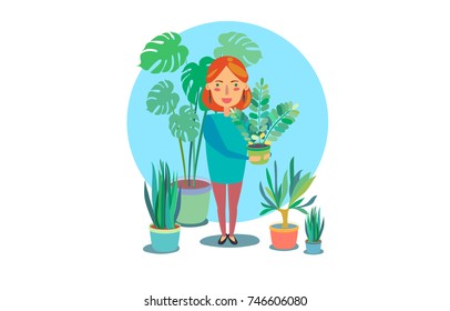 Cute smiled women taking a pot with plant. Space with blue circle full of plants. 