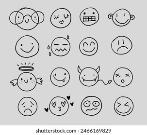 Cute smiles faces hand drawn doodle  winking crying happy sad emotion character. 