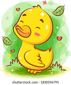 Cute smiley baby duck play around the garden of illustration 