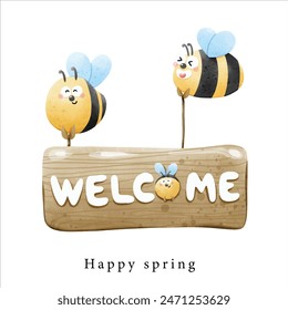 cute smiley bee in spring with welcome sign , Easter Day party. presentation png clipart