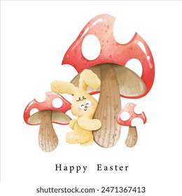 lindo conejito sonriente con hongo en primavera , fiesta del día de Pascua. sentimiento de verano. Clipart de ilustración de temporada para decoración de tarjetas.	
