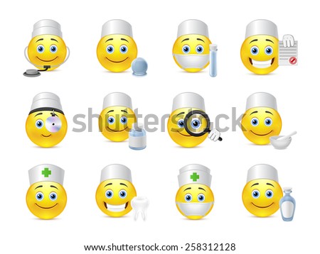Cute smiley doctor yellow with different subjects in medicine