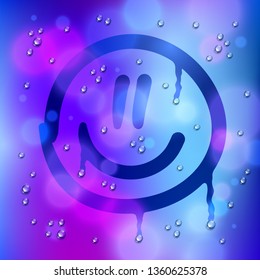 Cute smiley drawn on a window over blurred background and water rain drops, vector realistic illustration, happy when its rainy weather beautiful art.