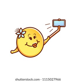 Cute smiley face or emoticon in sketch style holding selfie stick with phone making photo. Female face with flower in hair making selfie on vacation. Summer holiday vector illustration