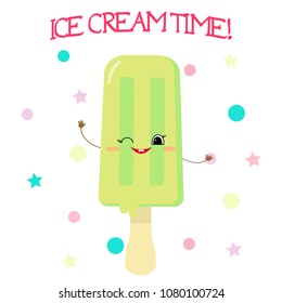 Cute smiley face of ice cream, apple ice in cartoon style on background of template and text. Vector illustration, flat.