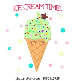 Cute smiley face ice cream in a waffle cone, pistachio with a sprinkling in a cartoon style against the background of the template and text. Vector illustration, flat.