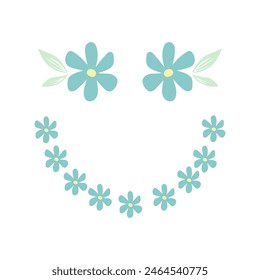 Cute Smiley Face Made of Blue Flowers and Green Leaves. Happy Floral Smile Vector Illustration in Pastel Colors for Positive Vibes and Greeting Card Design.