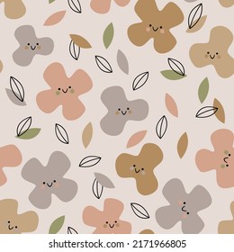 Cute smiley flowers abstract seamless pattern. Childish floral background in neutral colors. Flowers with smiling face, leaves vector illustration for fun textile, fabric, wallpaper, repeating design