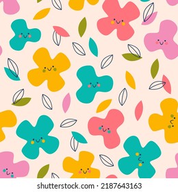 Cute smiley flowers abstract seamless pattern. Childish floral background. Funny flowers with smiling face and colorful leaves. Vector illustration for fun textile, fabric, wallpaper, repeating design