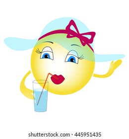 Cute smiley girl in a hat drinking soda from a glass with a straw