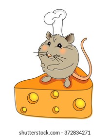 Cute smiley mouse on the cheese, hand drawing.