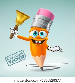 Cute smiley pencil mascot cartoon vector waving school bell in hand, back to school