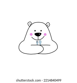 A cute smiley polar bear is holding a spoon and a fork isolated