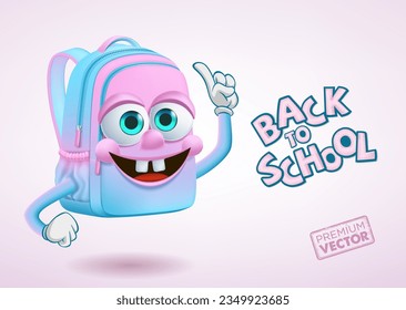 Cute Smiley School-Tasche Maskottchen Cartoon, Vektorgrafik, die Finger zu heben, zurück zur Schule