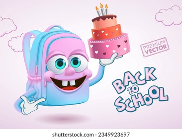 Cute smiley school bag mascot cartoon vector holding birthday cake, back to school