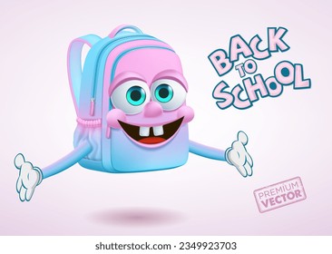cute smiley school bag mascot cartoon vector with both hands raised to the side, back to school