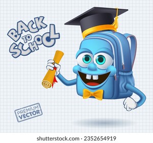 cute smiley school bag mascot graduation cap diploma cartoon vector, back to school