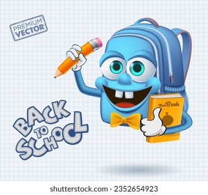 cute smiley school bag mascot pencil note book cartoon vector, back to school
