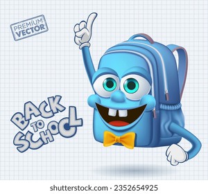 cute smiley school bag mascot to raise your hand cartoon vector, back to school