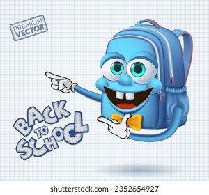 cute smiley school bag mascot finger pointing cartoon vector, back to school