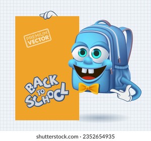 cute smiley school bag mascot board poster finger pointing cartoon vector, back to school