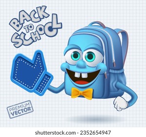 Cute smiley school bag mascot cartoon vector holding like icon, back to school