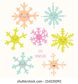 Cute smiley snowflakes in cartoon style. Adorable christmas characters. Winter xmas funny doodles.