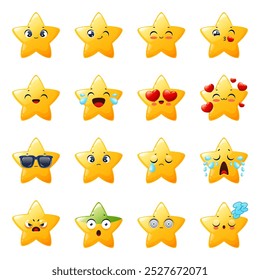 Lindas estrelas sorridentes. Kawaii emojis engraçados, mascotes de crianças com emoções diferentes, triste, engraçado, rostos irritados, personagens de desenhos animados amarelos, amor, dormindo e surpreso, humor emocional, conjunto isolado vetor